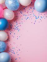 Festive flat lay of colorful balloons and confetti on pink background for celebrations photo