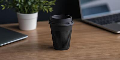 Sustainable travel coffee cup on minimalist wooden desk setting photo