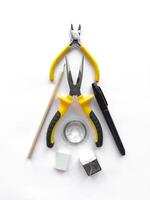Creative workspace. Tools and supplies arrangement for crafting and diy projects photo