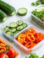 Fresh vegetable assortment in containers with sliced cucumbers, bell peppers, and tomatoes photo