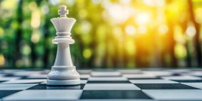 Strategic gameplay concept with close up of white rook on chessboard in sunlit setting photo