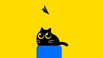 animation of black cute funny cat sitting with looking for paper airplane swinging around video