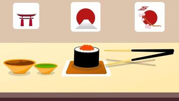 Animation of struggling eating sushi with chopsticks in japanese vibes video