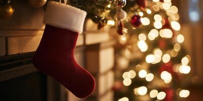 Christmas stocking hung on festive mantel with glowing holiday lights photo