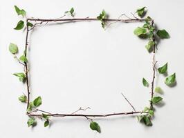 Nature inspired frame with green leaves on white background photo