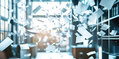 Emotional burnout concept with falling sheets of paper in bright office setting photo