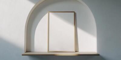 Elegant minimalist poster mock up with light wood frame on shelf in sunlit archway photo