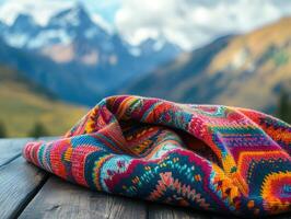 Vibrant Peruvian textile pattern in scenic mountain setting photo