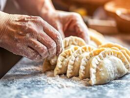 Traditional polish pierogi making scene with flour on a rustic kitchen table photo