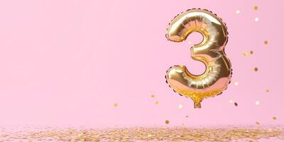 Festive golden number three balloon with confetti for celebrations and parties photo