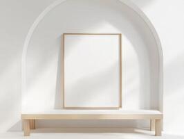 Minimalist interior design with large empty white poster mockup in light wooden frame photo