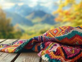 Vibrant Peruvian textile pattern with autumn mountain backdrop for artistic inspiration photo