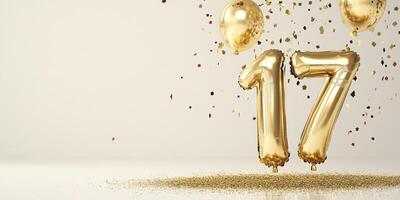 Festive gold number 17 balloon celebration with confetti photo