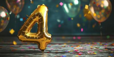 Festive celebration with glossy gold balloon number four on wooden surface photo
