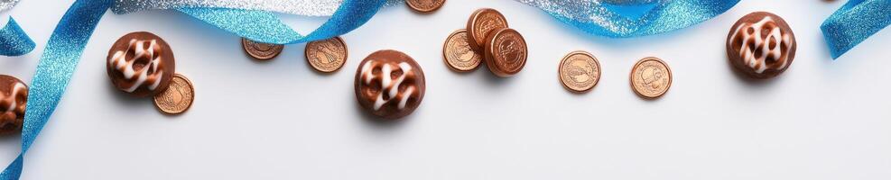 Hanukkah celebration with dreidels and chocolate coins arrangement for festive decor photo