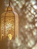 Middle eastern lantern with intricate patterns casting decorative shadows photo
