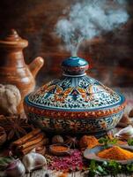 Vibrant Moroccan tagine pot with aromatic spices and herbs in rustic setting photo