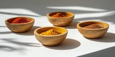 Aromatic middle eastern spices flat lay with turmeric and paprika bowls highlighted by natural light photo