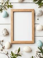 Simple Easter poster mock up with natural wooden frame and decorative eggs photo