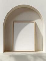 Minimalist white mock up poster with light wood frame in arch niche for interior design photo