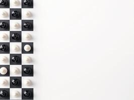 Minimalist design chessboard with black and white pieces for strategic gaming photo
