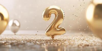 Elegant golden number two balloon on soft beige surface for celebratory occasion or event design photo