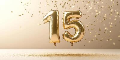 Celebration with reflective golden 15 balloon on light background for anniversaries and milestones photo