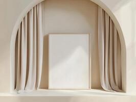 Minimalist interior design with empty white poster mock up in light wooden frame photo