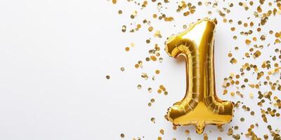 Celebration concept with golden number one balloon and confetti photo