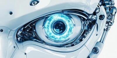Futuristic robotic eye with blue led light and metallic components photo
