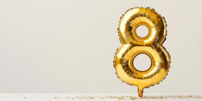 Golden number 8 balloon on minimalist background for celebrations and events photo