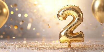 Celebratory golden number two balloon on beige background for event decoration photo