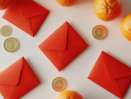 Traditional Chinese red envelopes flat lay with coins and oranges for festive celebrations photo