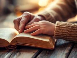 Generational connection elderly and child hands holding open book on wooden table photo