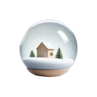 A minimalist snow globe featuring a house nestled in a snowy landscape. Two small pine trees stand on either side of the house, with delicate snowflakes falling in the scene. png