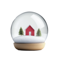 A delightful red house sitting within a snow globe, surrounded by evergreen trees. The snow-covered ground adds to the festive holiday charm, making the scene feel warm and inviting. png