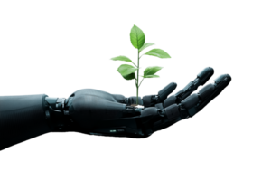 A robot hand holding a plant with a green sprout png