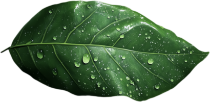 Close-up digital artwork of a green leaf with realistic water droplets, highlighting the intricate veins and surface texture against a transparent background. png