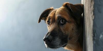 Dog peeks cautiously around the corner of a plain background, concept of Curiosity photo