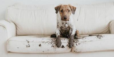 A Messy Dog on a White Couch Creating a Delightful Scene of Fun and Chaos in the Home photo