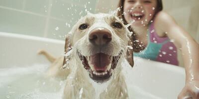 A Joyful Dog Bath Time Experience Featuring a Child Playing in a Tub Full of Water photo