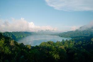 Top aerial view of a beautiful Buyan Lake, a tropical paradise, palm trees, exotic trees, and mountains in Bali photo
