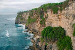 Overview panorama ocean shore, cliff. Sunset. Bali. Overwhelmed scene the flower and green-capped vertical cliff over the Indian ocean photo