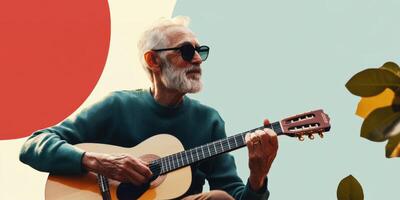 An elderly musician skillfully plays guitar in a vibrant setting, embodying joy and creativity photo