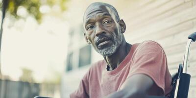 A Portrait Depicting a Thoughtful Elderly Man Sitting Comfortably in a Wheelchair photo