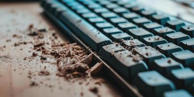 A detailed closeup view of a very dirty computer keyboard, showing debris and dust particles photo