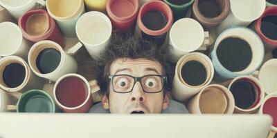 A Surprised Man Sitting in a Chaotic Workspace Surrounded Completely by Coffee Mugs photo
