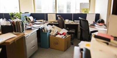 An office space that is cluttered with various boxes and paperwork scattered around photo