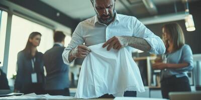 A Professional in an Office Environment Handling a Shirt While Engaged in Work Tasks photo