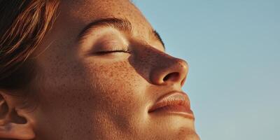 The Serene Woman is Enjoying the Warm Sunlight with Her Eyes Gently Closed and Relaxed photo
